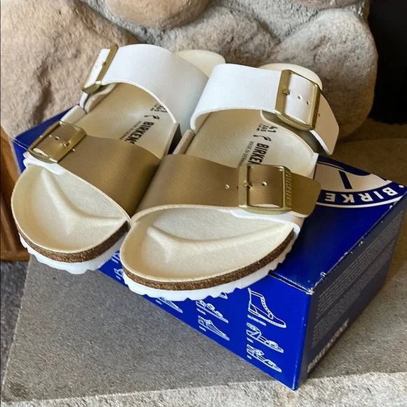 Birkenstock Arizona Split White and Gold Sandals Sz 10 M, 41 - Picture 7 of 13